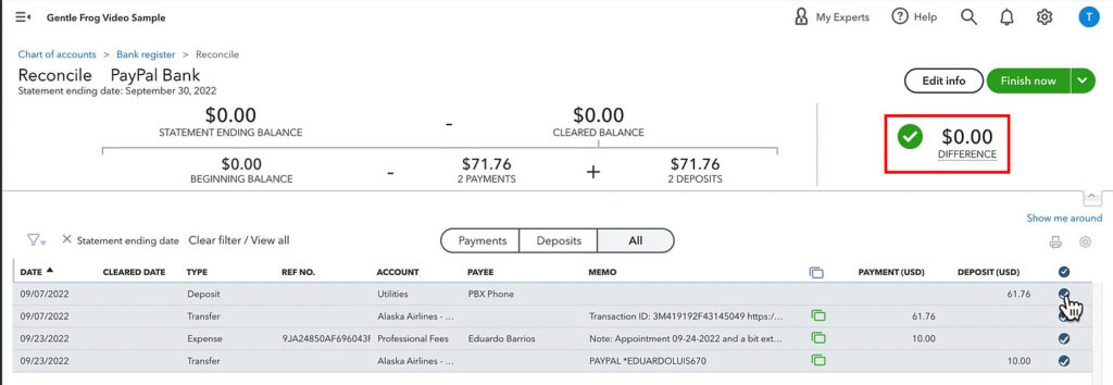 Reconciling PayPal in QuickBook Online until the difference equals $0.00