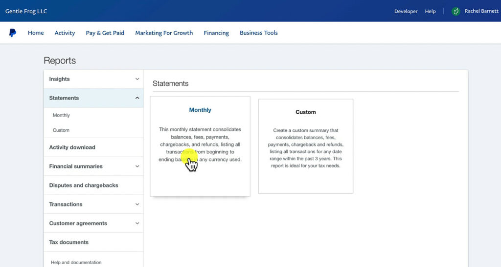 Getting monthly statements in PayPal