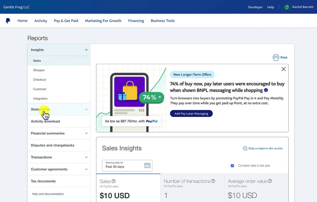 Navigating to Statements from Reports in PayPal