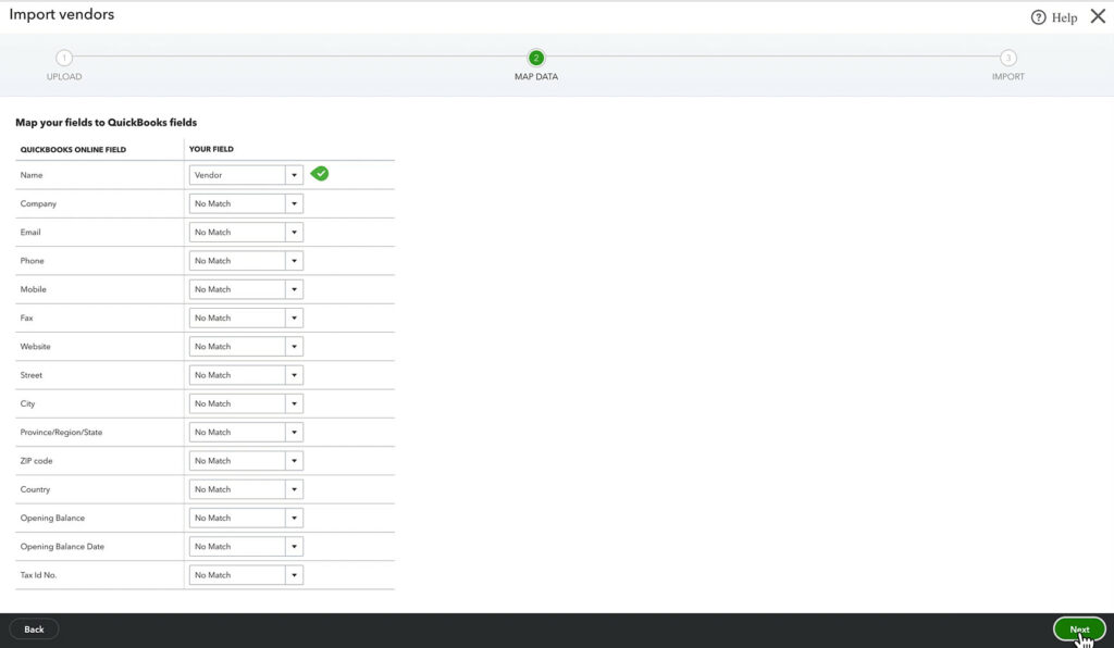 Matching fields when importing vendor data in QuickBooks Online.