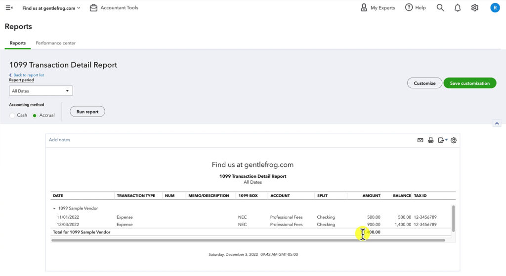1099 Transaction Detail Report in QuickBooks Online.