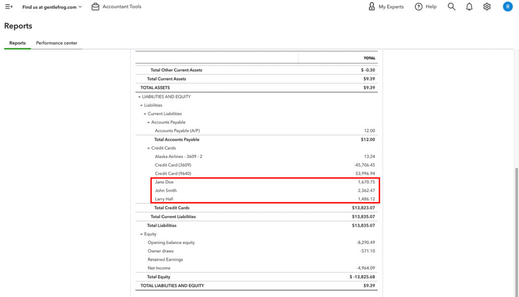 Balance sheet with multiple credit card accounts in QuickBooks Online