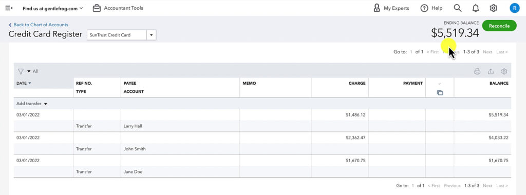 Corporate credit card with cardholder account balances transfer into it's register in QuickBooks Online.