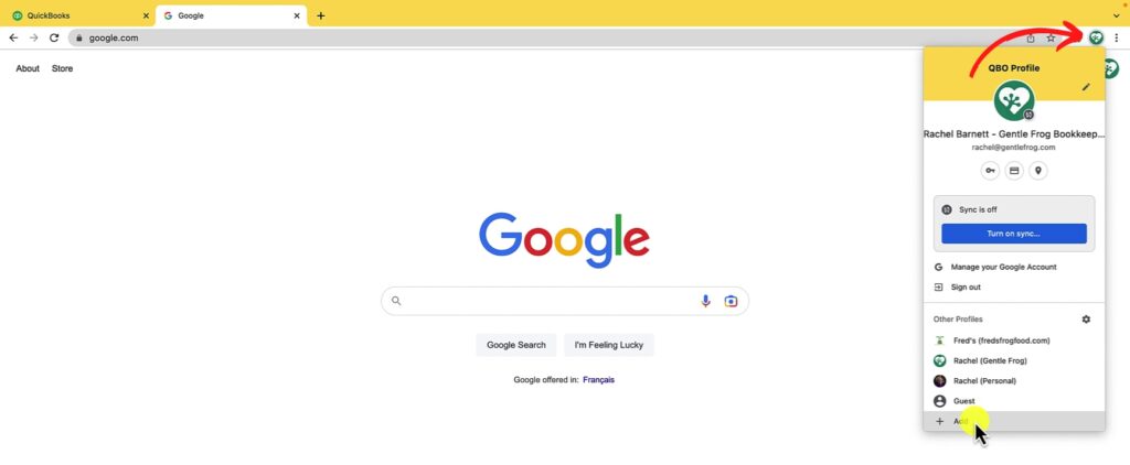Adding a Chrome profile from the Google Chrome profile menu.