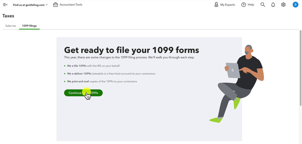 Beginning to enter your 1099 filing information in QuickBooks Online.