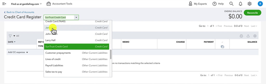 Selecting a credit card from the drop-down menu in the Credit Card register in QuickBooks Online.