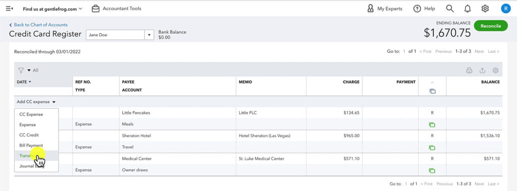 Switching to Transfer in the Credit Card Register in QuickBooks Online.