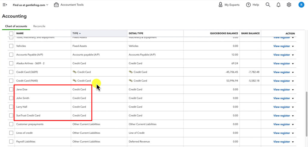 Corporate credit card and cardholder accounts in Chart of accounts in QBO