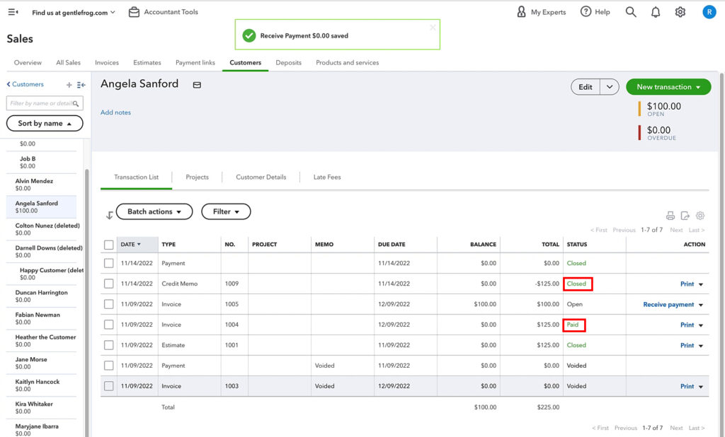 Status of credit memo and invoice after applying the credit memo to the invoice.