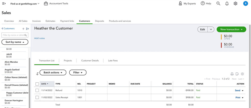 Viewing a customer with a refunded sales receipt in QuickBooks Online.