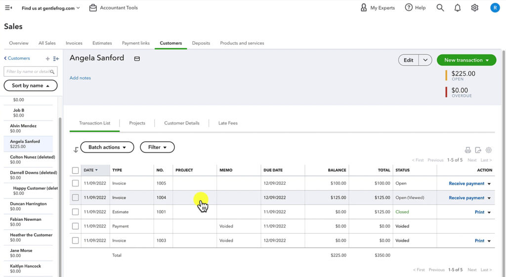 Customer with an open invoice in QuickBooks Online.