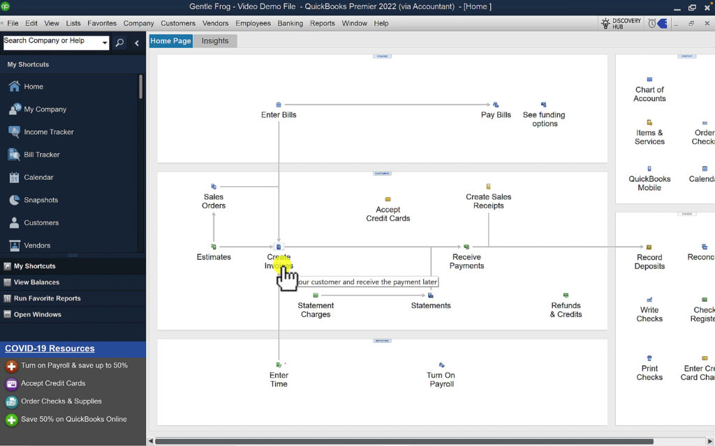 Creating an invoice from the QuickBooks Desktop Home Page.