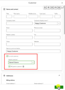 Marking a customer as a sub-customer in QuickBooks Online.