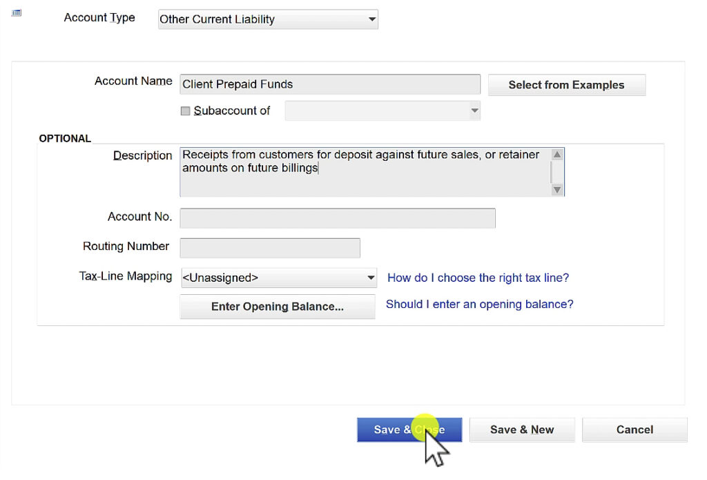 Entering account information for an Other Current Liability account in QuickBooks Desktop.