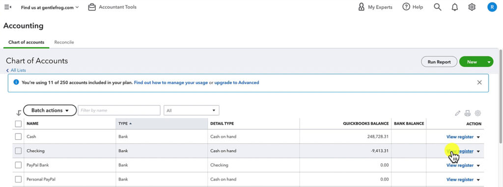 Opening the register for a checking account in QuickBooks Online.