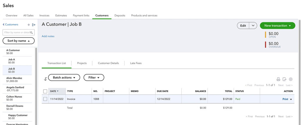 A sub-customer invoice that was paid but doesn't show how it was paid in QuickBooks Online.