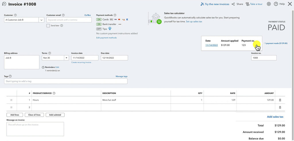 Viewing a payment applied to an invoice from within the paid invoice in QuickBooks Online.