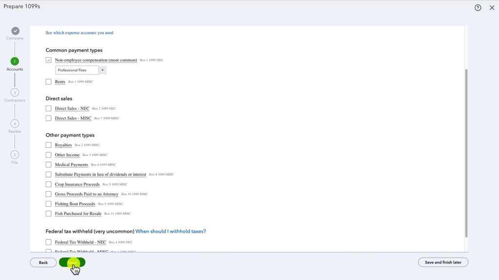 Preparing 1099s in QuickBooks Online step 2, Categorize payments to contractors.