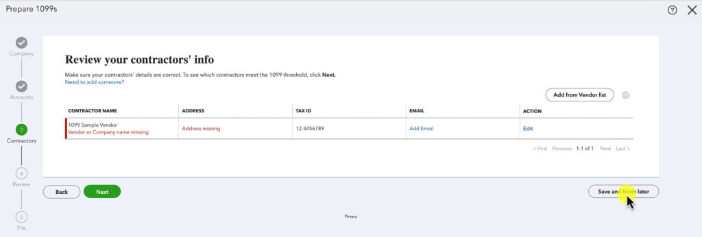 Step 3 when preparing 1099s in QuickBooks Online.