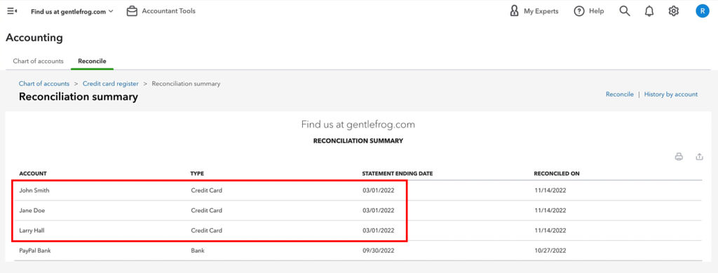 QuickBooks Online reconciliation summary showing multiple corporate credit card holder accounts reconciled to the same statement. 