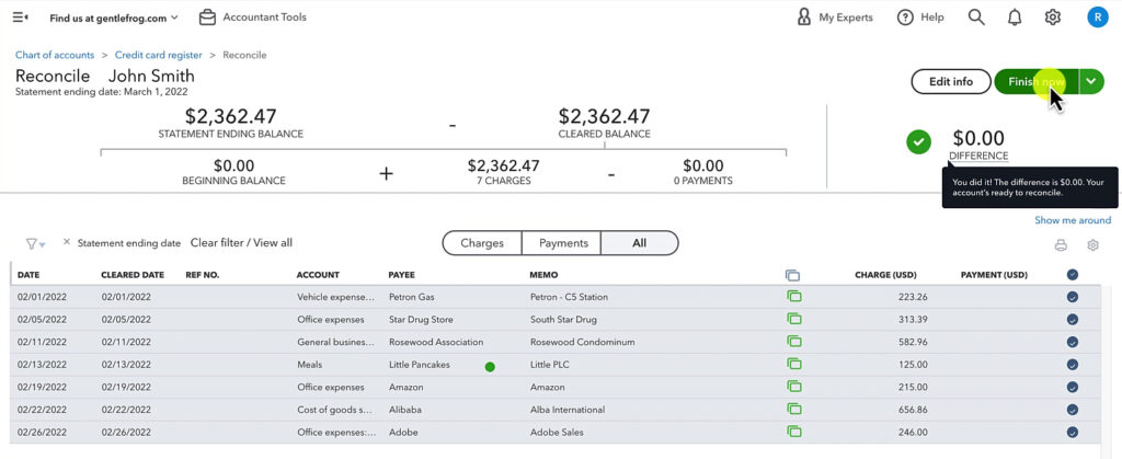 Reconciling a corporate credit card cardholder account in QuickBooks Online