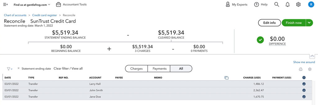 Reconciling a corporate credit card with cardholders as separate accounts in QuickBooks Online.