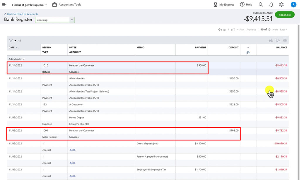 Sales receipt and refund in the register of a checking account in QuickBooks Online