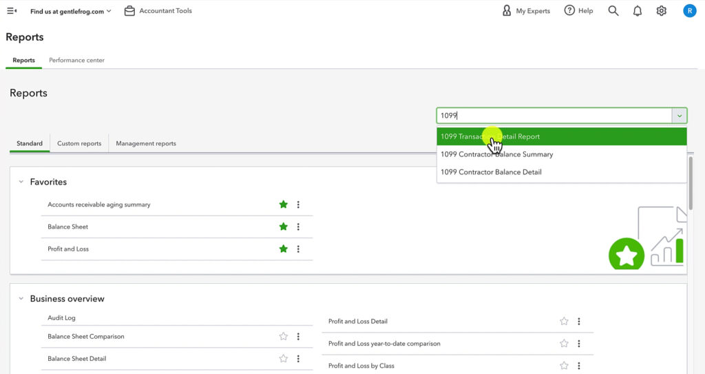 Searching for the 1099 Transaction Detail Report in QuickBooks Online.