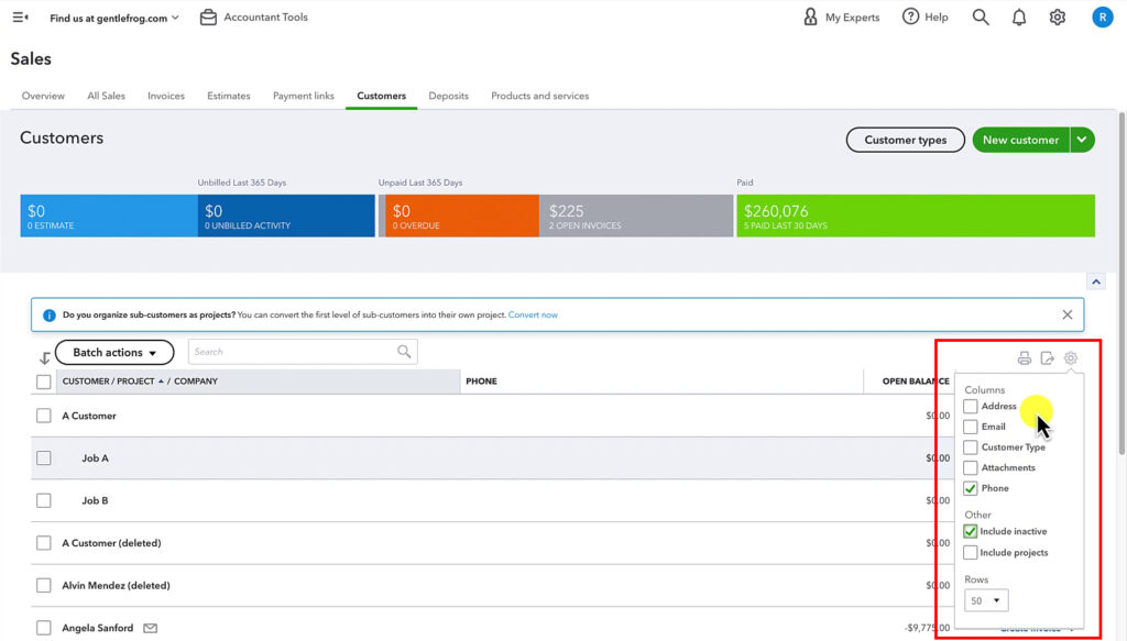 Show inactive customers in the custom list in QuickBooks Online.