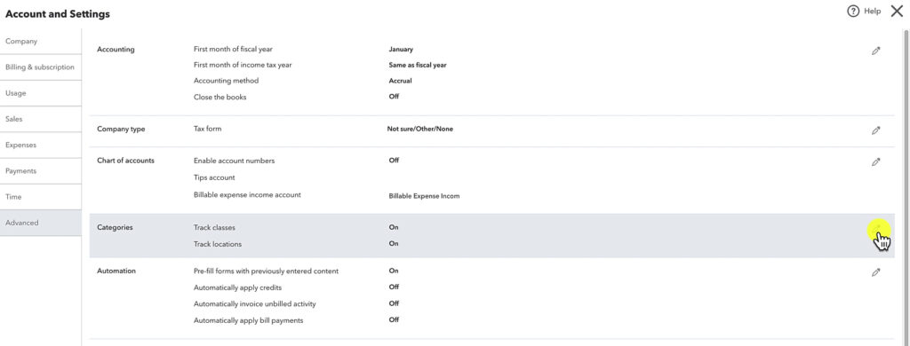 Edit the Categories section in Account and Settings in QuickBooks Online.