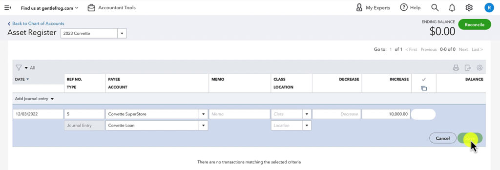 Creating a journal entry for the purchase of a fixed asset in QuickBooks Online.
