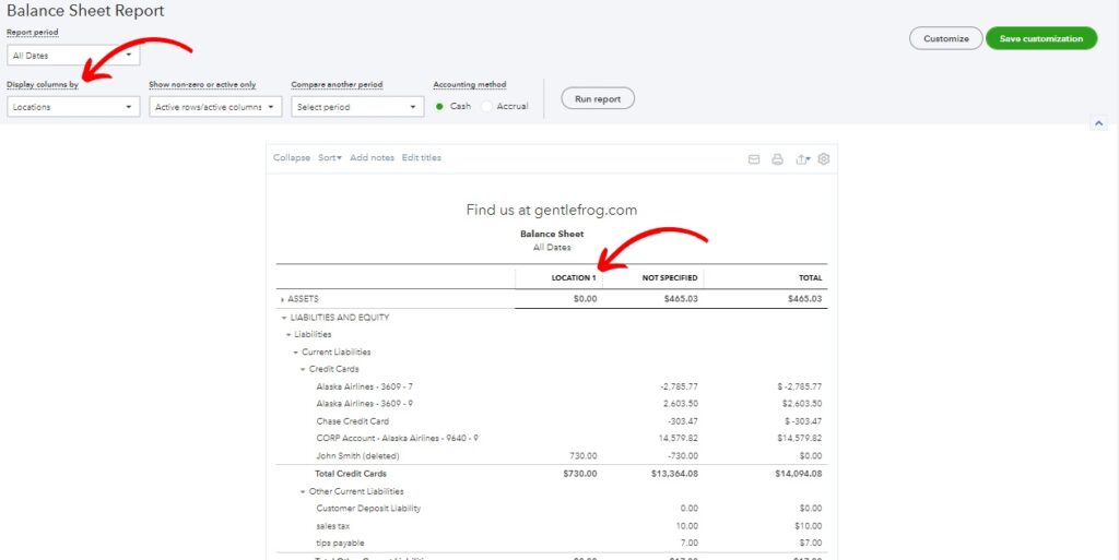 Balance Sheet with columns displayed by Location in QuickBooks Online.