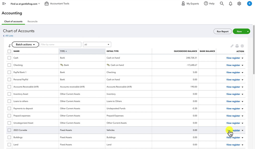 Opening the register for an account in the Chart of accounts in QuickBooks Online.