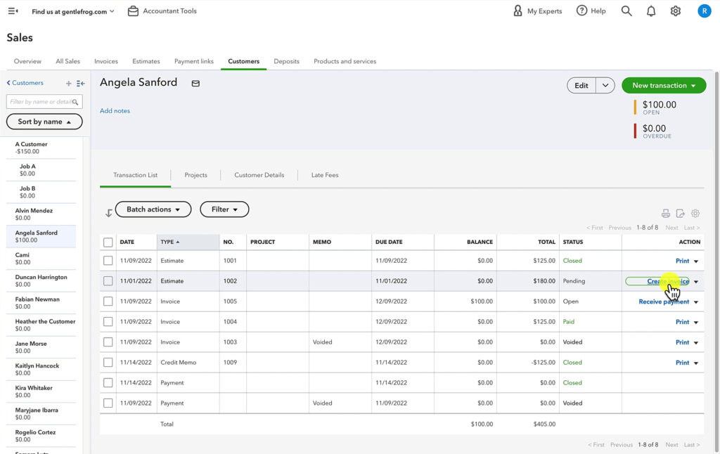 Creating an invoice from an estimate in QuickBooks Online.