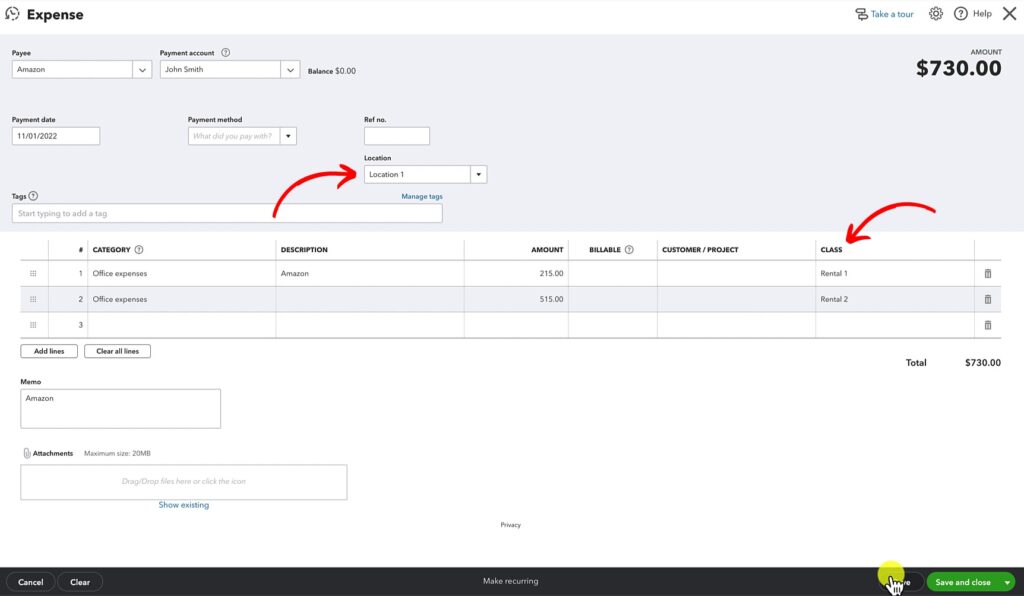 Expense with a location and classes in QuickBooks Online.