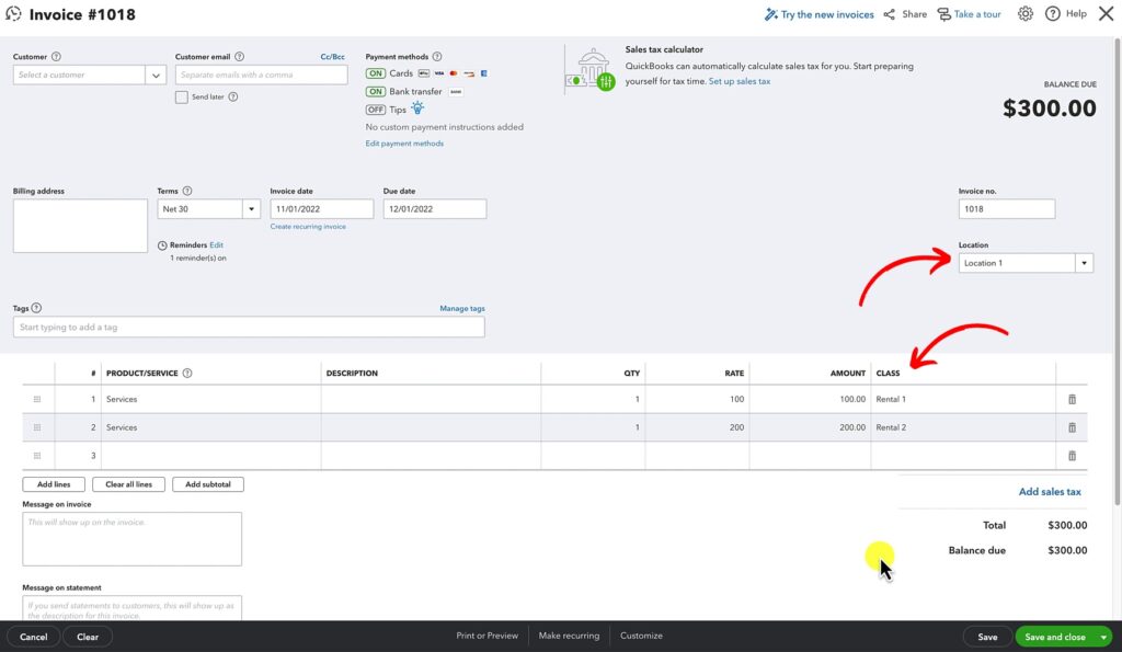 Invoice with a location and classes in QuickBooks Online.