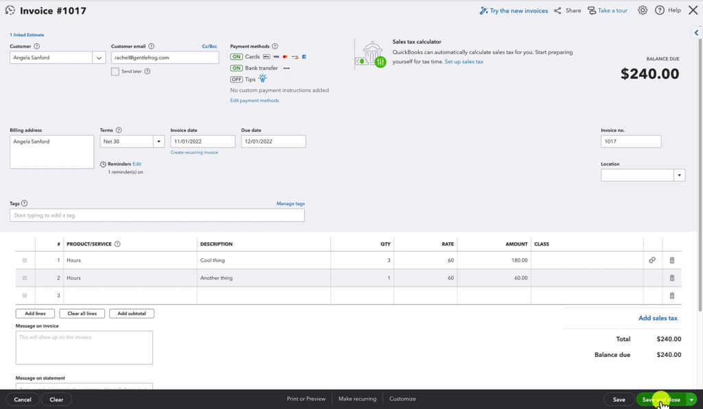 An invoice created from an estimate in QuickBooks Online.