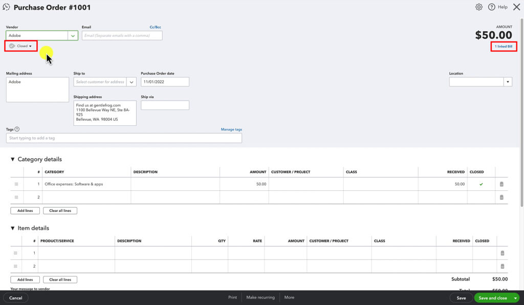 Closed purchase order with a linked bill in QuickBooks Online.