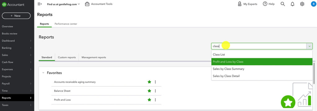 Navigating to the Profit and Loss by Class report in QuickBooks Online.