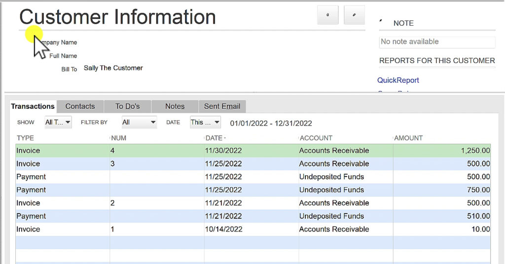 Example of a customer in QuickBooks Desktop with several invoices and payments including a prepayment.