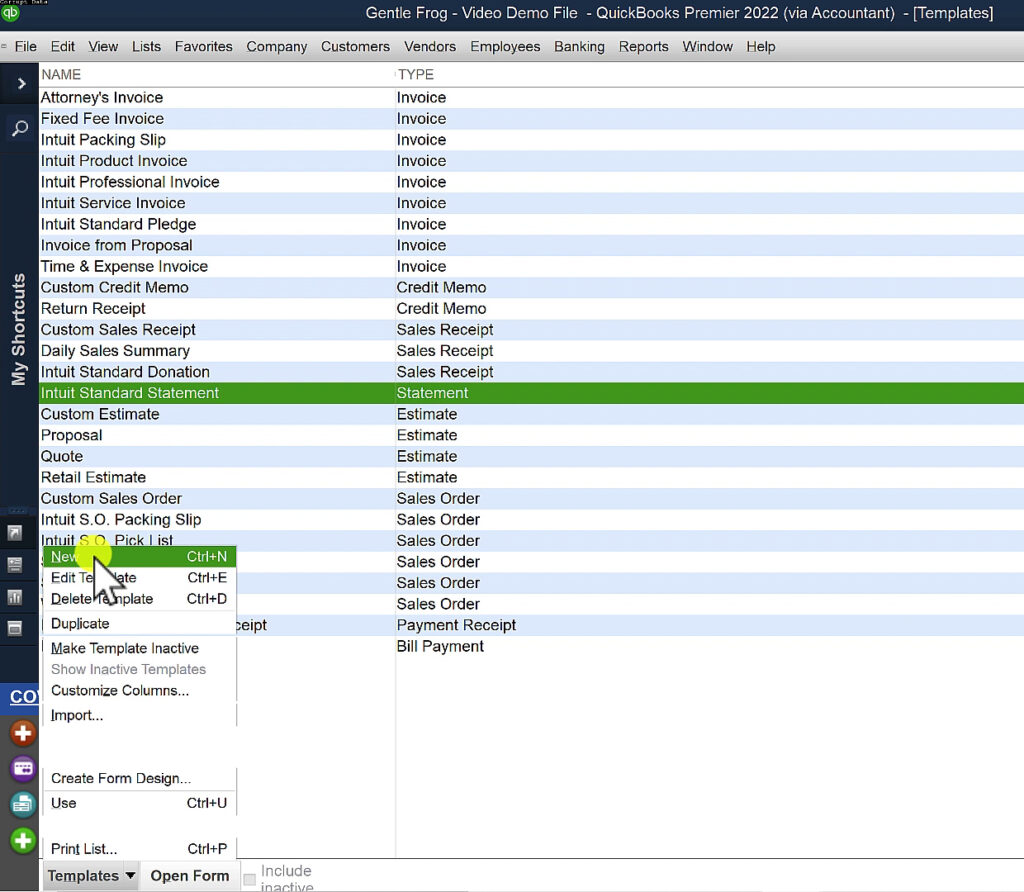 Create a new template in QuickBooks Desktop.