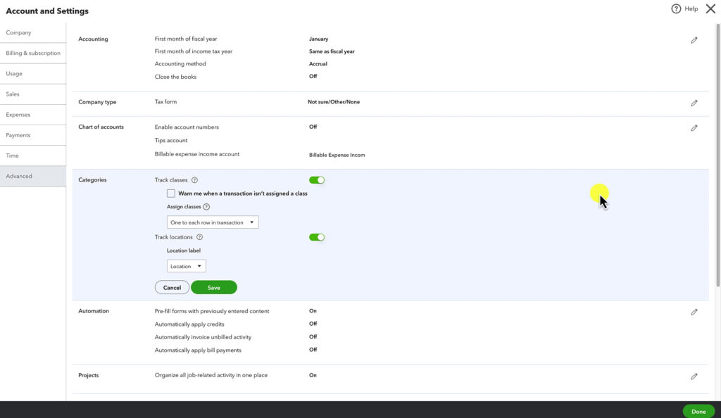 Turning on track classes and track locations in QuickBooks Online.