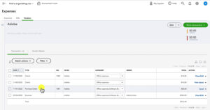 Opening a purchase order from within a vendor in QuickBooks Online.