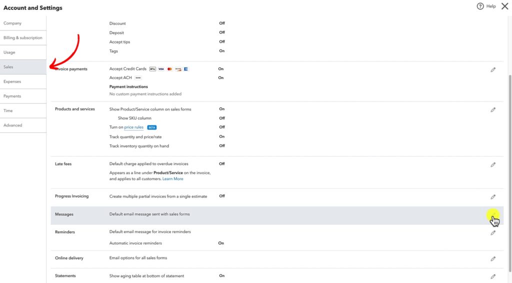 Messages in the Sales section of Account and Settings in QuickBooks Online.