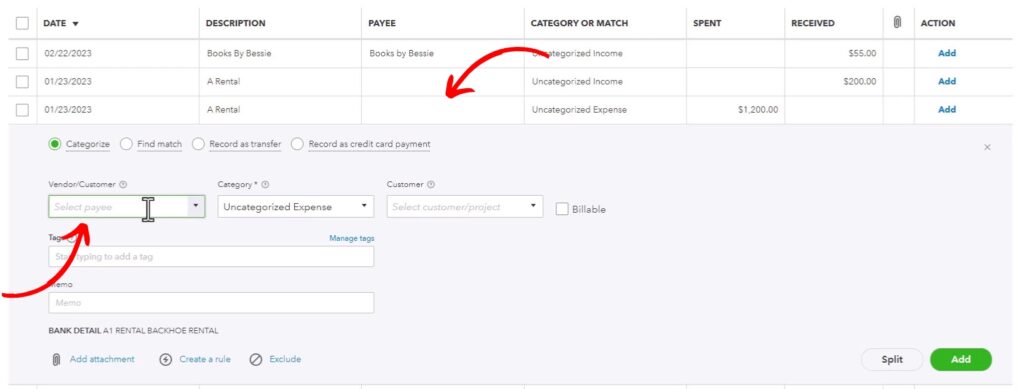 A blank Payee field in the Bank Feeds of QuickBooks Online.