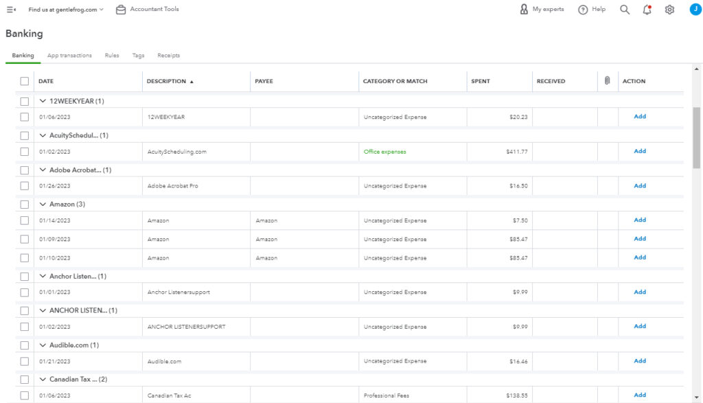 QuickBooks Online bank feed with grouping turned on and the transaction list grouped by Description.