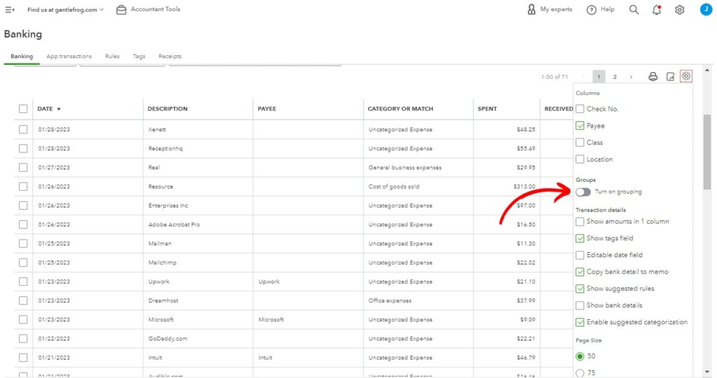 Turn on grouping toggle in the settings of the Bank Feed in QuickBooks Online.