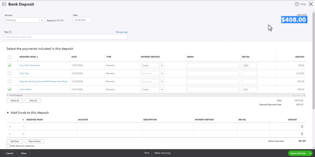Creating a bank deposit in QuickBooks Online.
