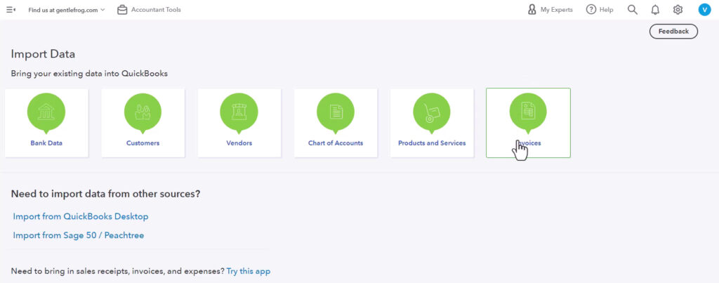 Import Data screen in QuickBooks Online with all the different options for data you can import.