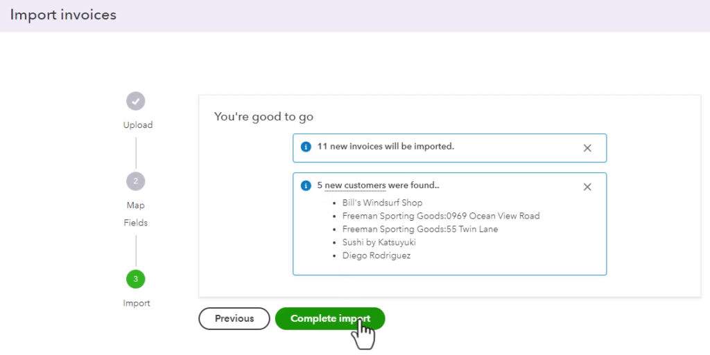 Completing the import of invoices into QuickBooks Online.